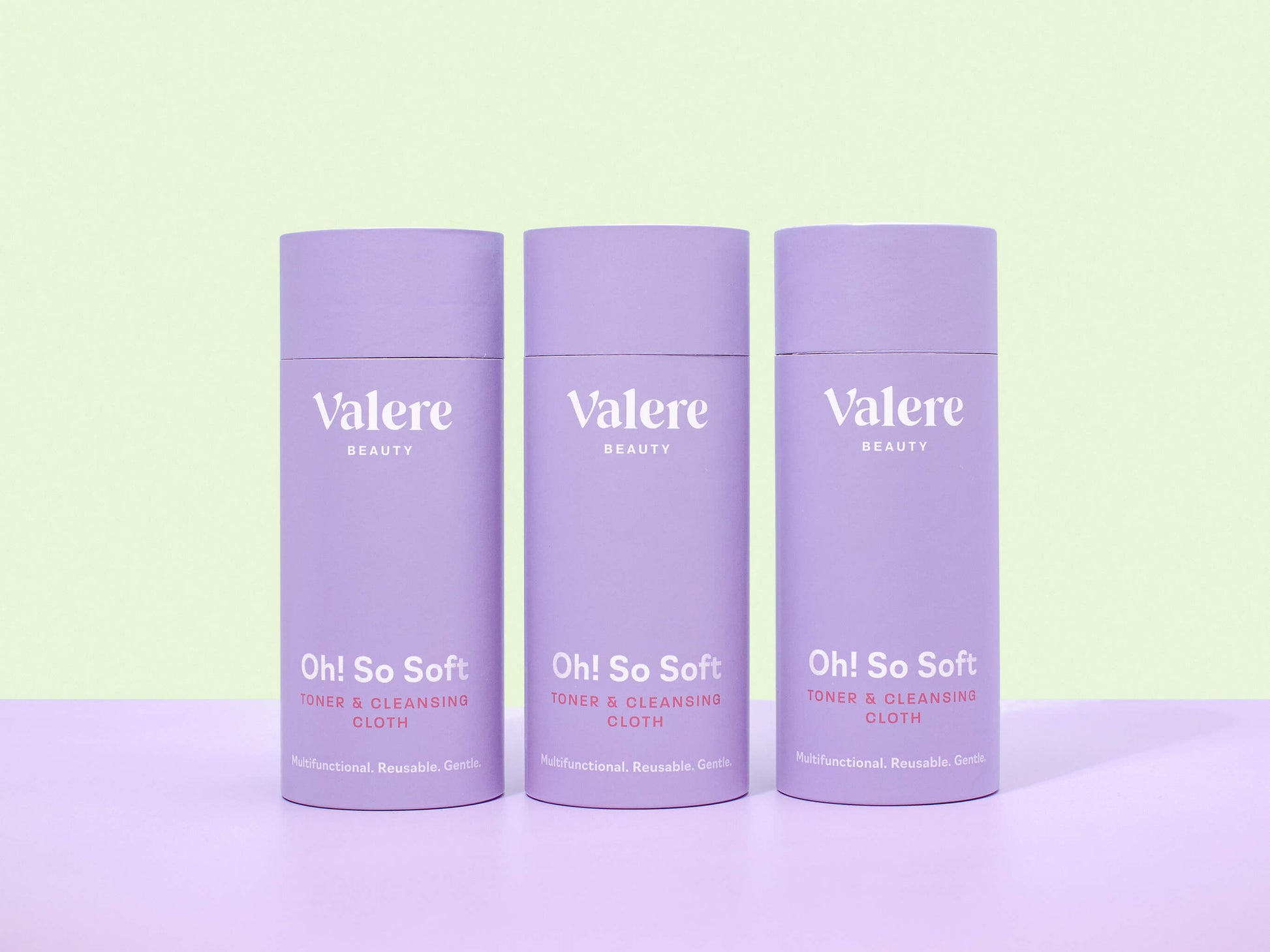 Valere Beauty Oh! So Soft Toner & Cleansing Cloth Microfiber Makeup Remover Cloth and Bamboo Cotton Toner Cloth Double Bundle cylinder packaging that says 'multifunctional, reusable, gentle'