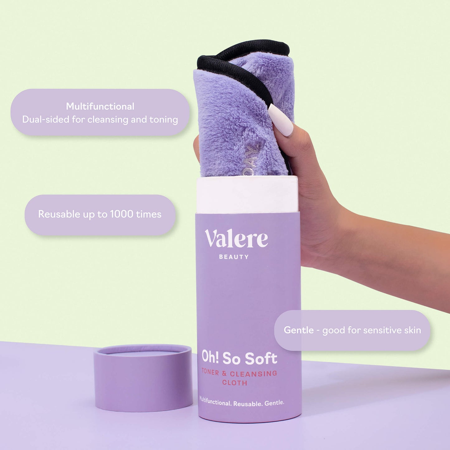 Infographic of Valere Beauty Oh! So Soft Toner & Cleansing Cloth Microfiber Makeup Remover Cloth and Bamboo Cotton Toner Cloth Double Bundle - Functions: Multifunctional, Reusable, Gentle